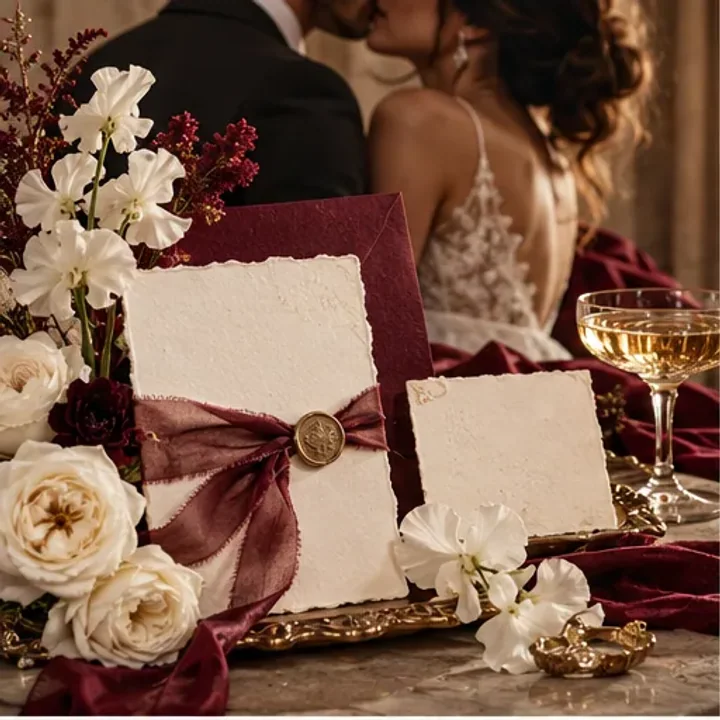 Moodboard de boda en vino, marfil y champagne