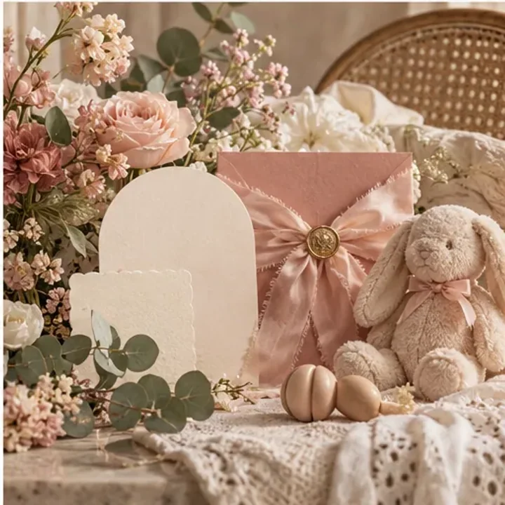 Papelería de baby shower en crema, rosa empolvado y salvia