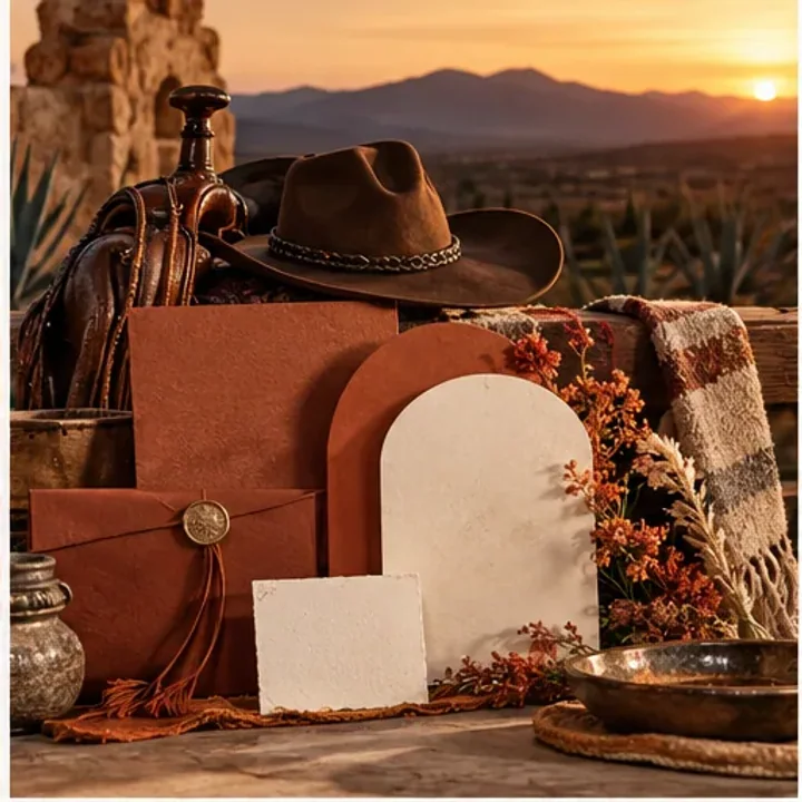 Moodboard de boda western en terracota y cuero
